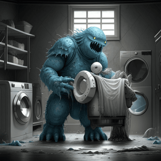 AI generated: Fantasy-based realistic scene where the washing machine monster and the refrigerator monster engage ...
