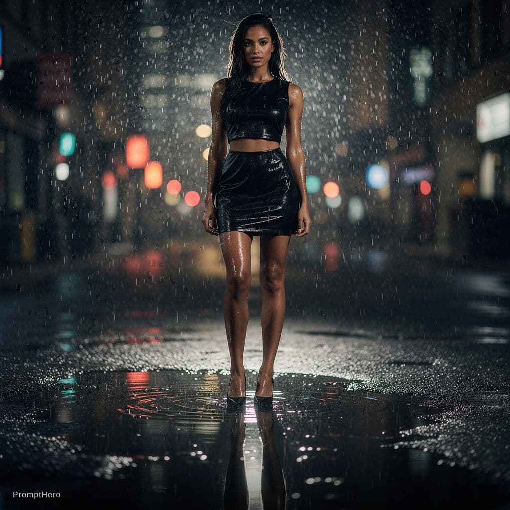AI generated: Short see through dress black colour sleeve less two piece in rain wet atmosphere 