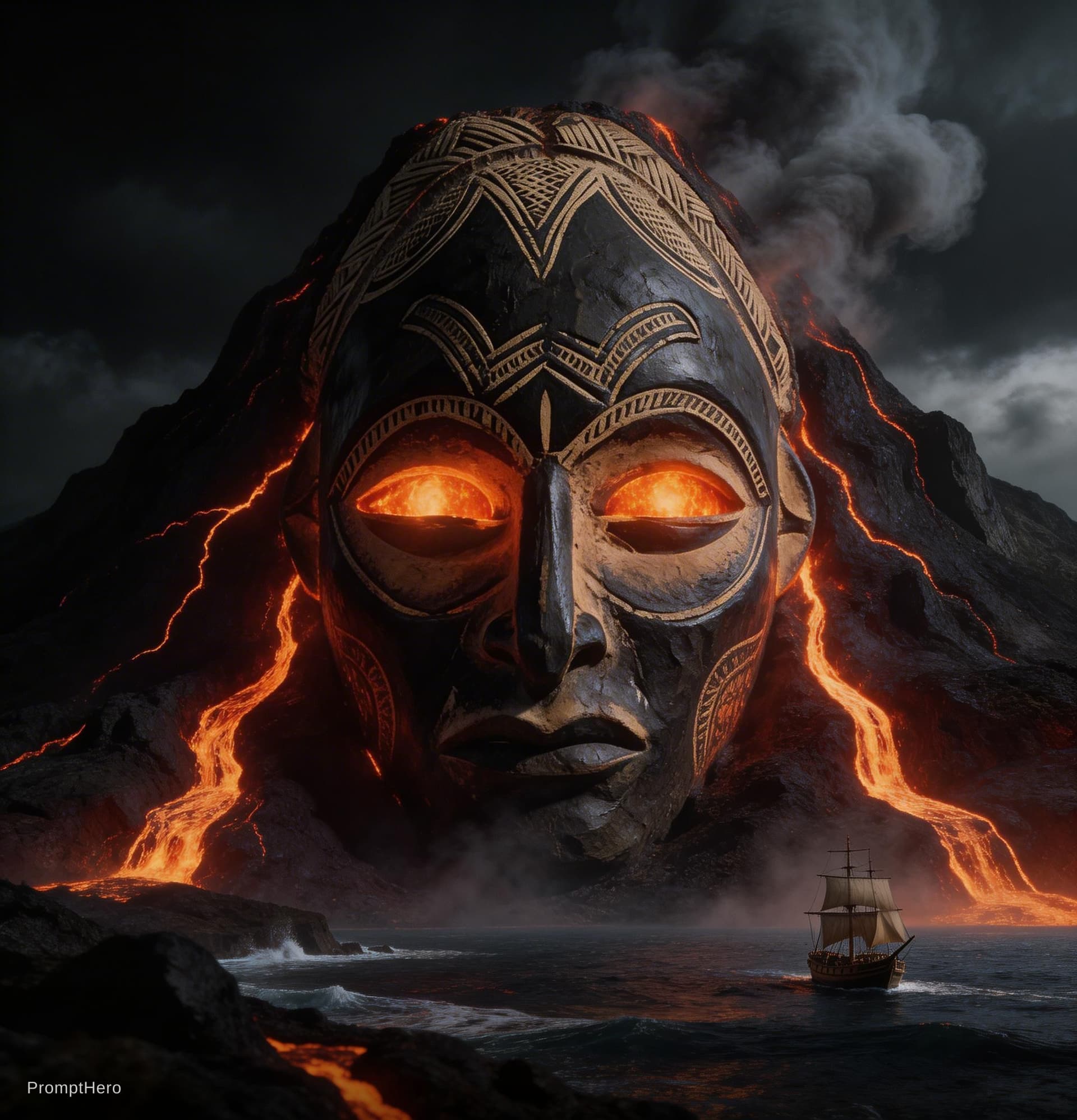 AI generated: a massive ancient african tribal mask carved into a volcanic mountain, lava flowing down the sides, ...