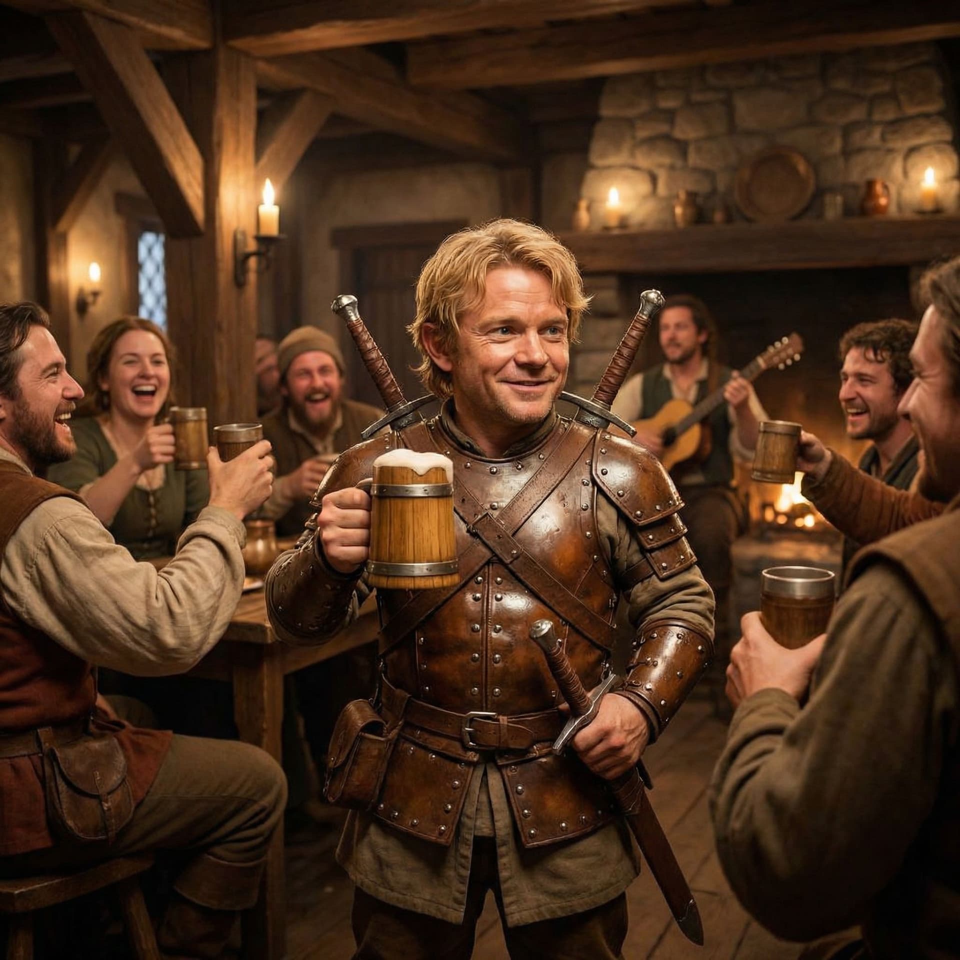 AI generated: blonde male halfling wearing gleaming studded leather armor with two swords sheathed on his back, to...