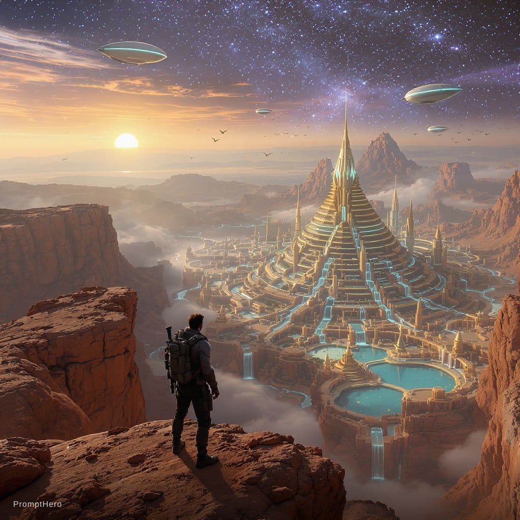 AI generated: The ultimate reveal shot. A lone figure stands at the very edge of a dramatic sandstone cliff, back ...