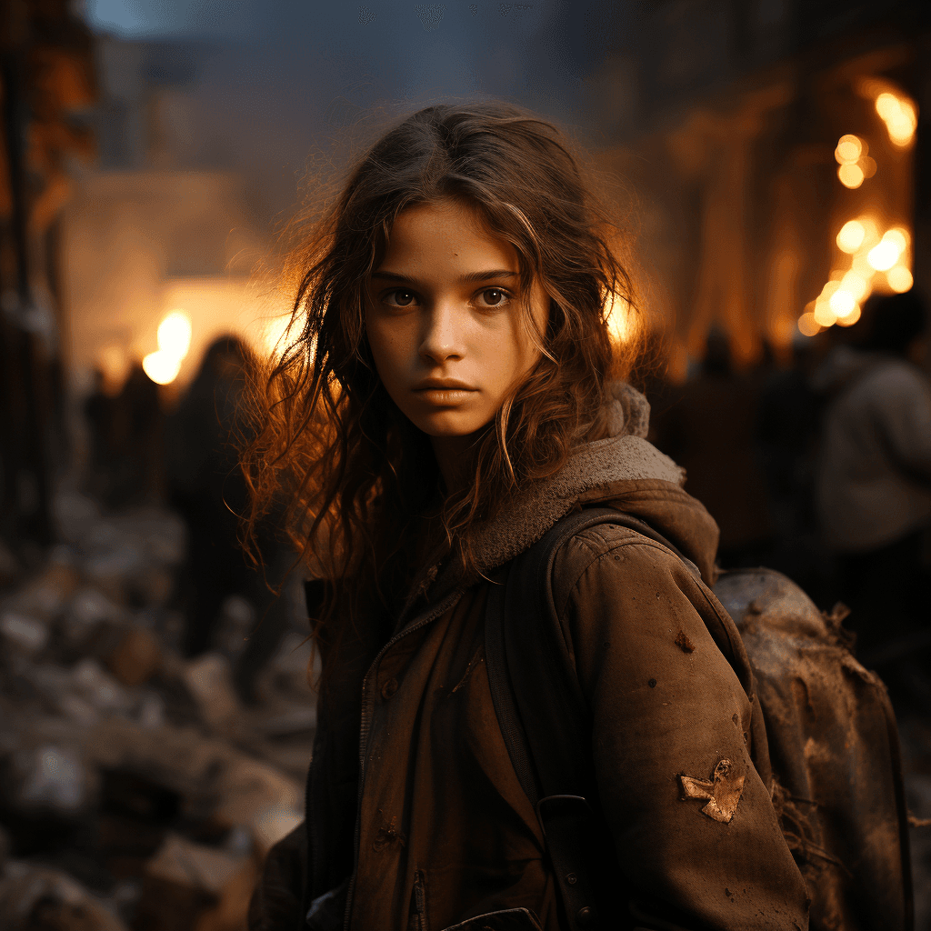 AI generated: A realistic image of a israeli young girl, 13 years old, in a war torn Tel Aviv-Yafo, brown eyes, st...