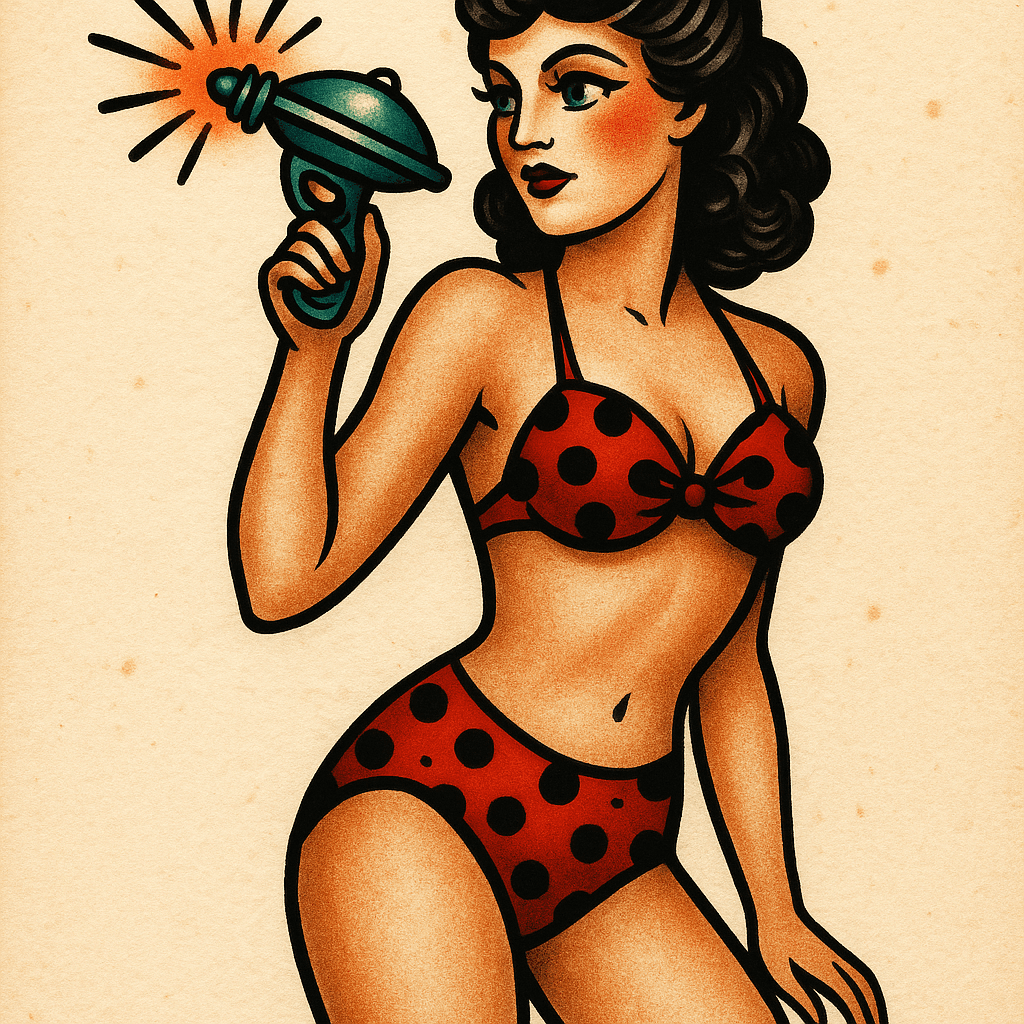 AI generated: bikini clad 1950s pinup model holding alien pistol, style traditional Tattoo