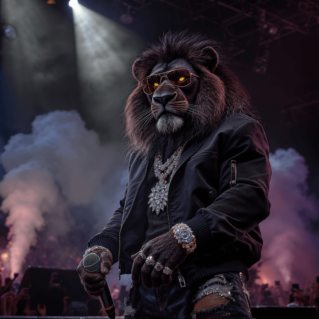AI generated: A humanoid black lion with fierce golden eyes, standing confidently on a concert stage under dramati...