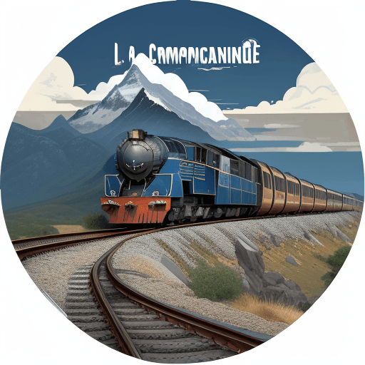 AI generated: railway company logo, "La Compagnie", locomotive, tracks mountains, clouds, round shape, dark blue c...