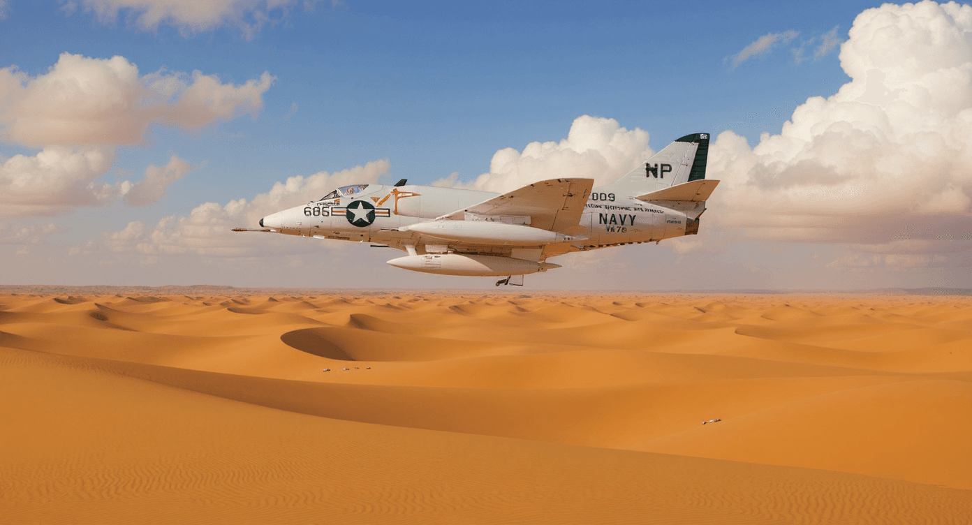AI generated: A 4K image of plane flying at mid afternoon with puffy clouds over a desert with sand dunes..