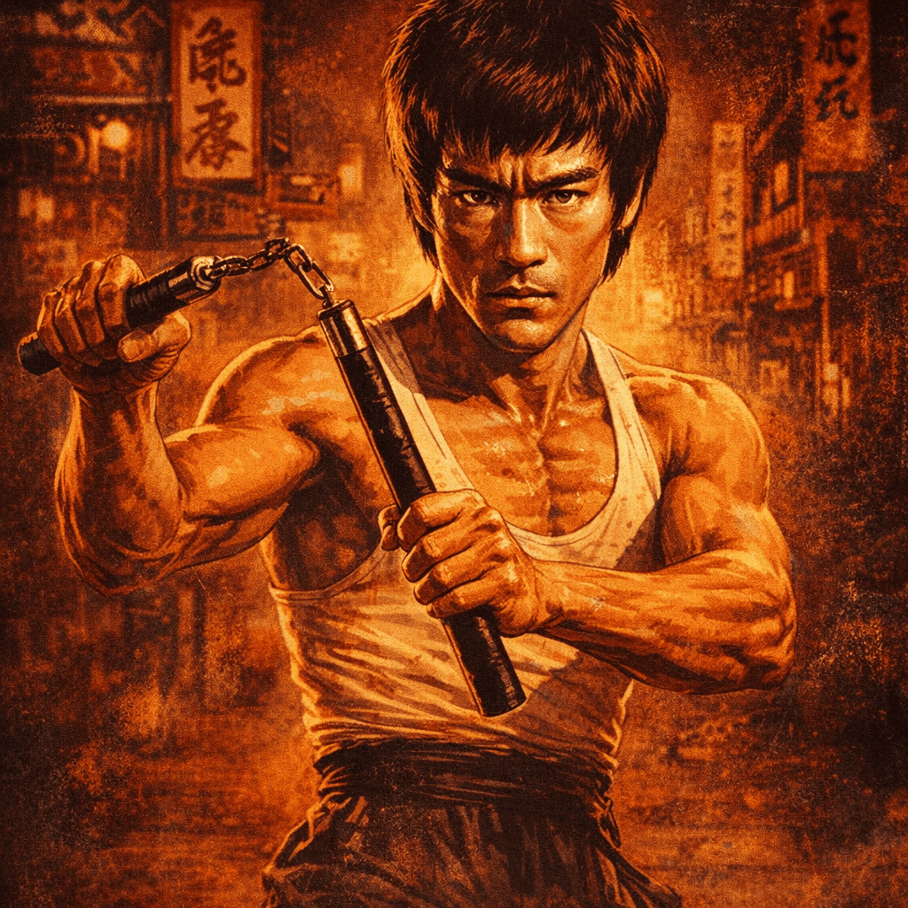 AI generated: A detailed illustration of Bruce Lee in his iconic role from the 1972 film "The Way of the Dragon," ...