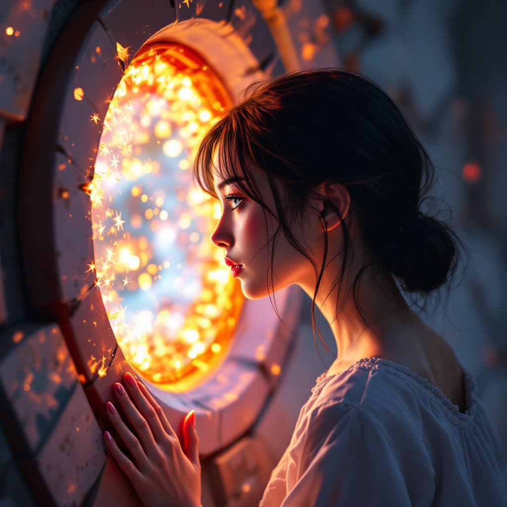 AI generated: Side view of a female realistic character nearly going through a magically glowing portal to the rea...