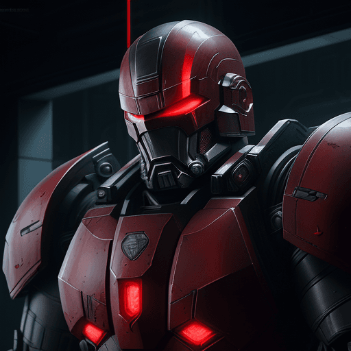 AI generated: ultra-wide photo red sci-fi armor with cyber helmet, lights on cyber mask, full armor, insulated arm...
