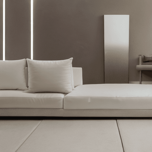 AI generated: Photograph, contemporary living room, soft light of morning, integration of beige flooring and matte...