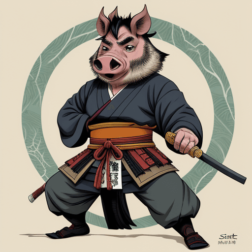 AI generated: anthropomorphic wild pig, male,  samurai, art by Stan Sakai, anime