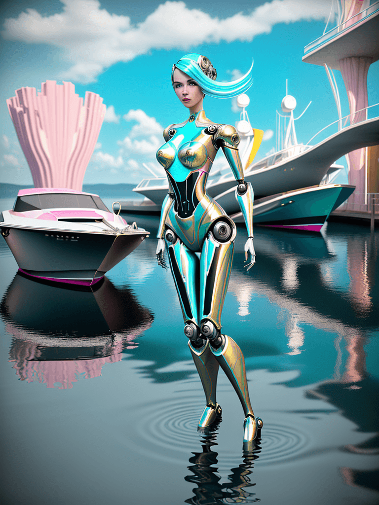 AI generated: commercial photo of a stunning woman standing in water near a boat, in the style of colorful futuris...