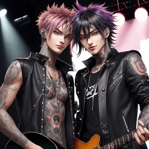 AI generated: two man,anime, charismatic-musician
,mysterious-eyes
,handsome-rockstar
,soulful-voice ,cool-style ,...