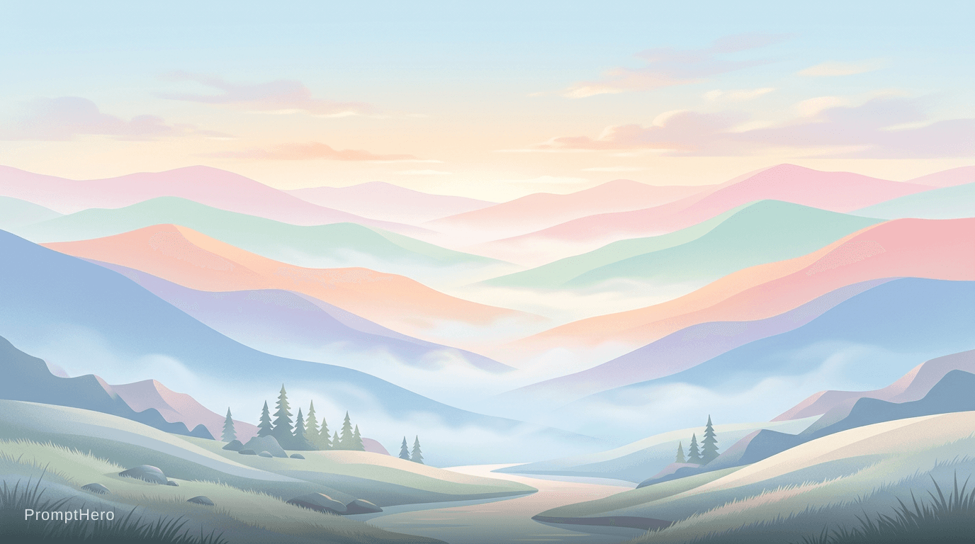 AI generated: minimalist mountain landscape, soft pastel colors, misty valleys, calm and peaceful