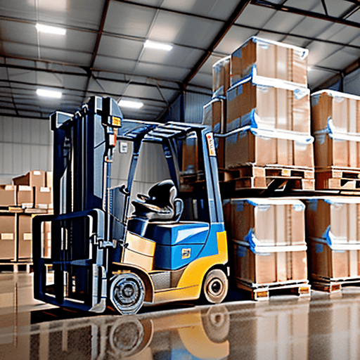 AI generated: The image depicts a warehouse from a distance, with multiple elevated racks filled with brown boxes ...