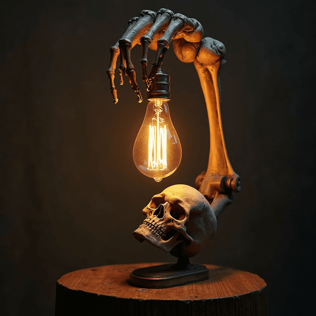 AI generated: placed on a wooden podium, A skeletal hand dangles an old vintage incandescent skull shaped as a hug...