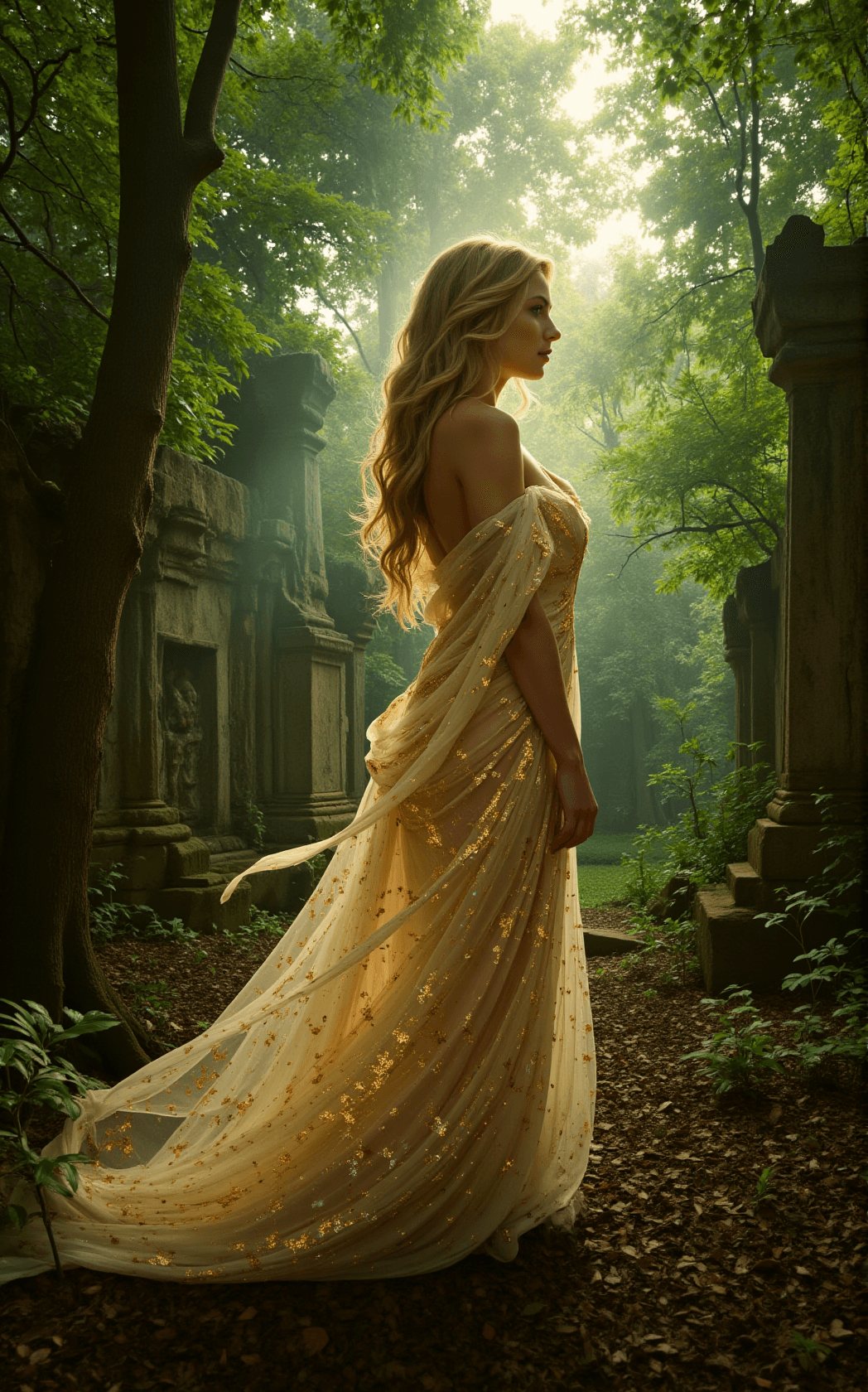 AI generated: In the heart of a mystical forest, where ancient ruins whisper tales of old, stands Zelda, transform...