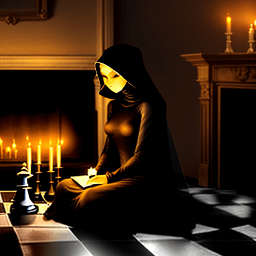 AI generated: Veiled woman, sitting at a chessboard studying the position, room, lid by candles, a fireplace, back...