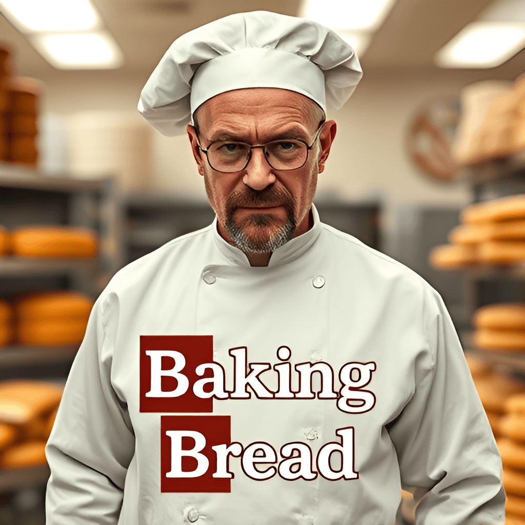 AI generated: Walter White from Breaking Bad, with the text "Baking Bread" in the same style as the Breaking Bad l...