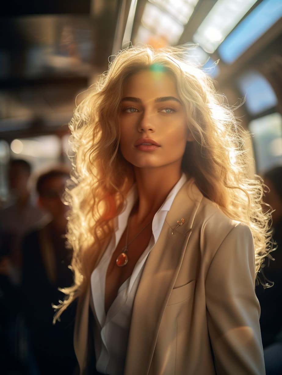 AI generated: a model girl with long hair, dressed in a suit, is standing in a subway full of people. The rays of ...