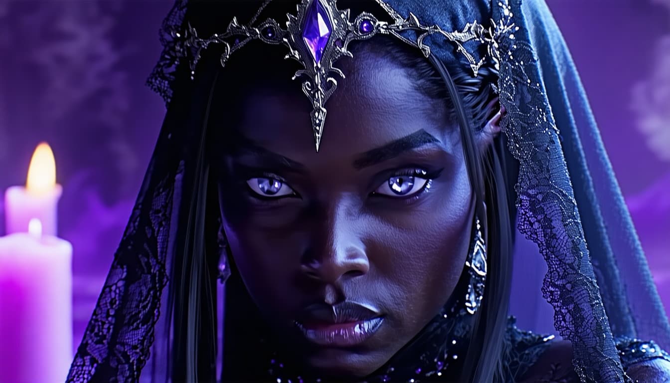 AI generated: photorealistic close-up portrait drow elf. sultry warrior, magic aura! ! ! , onyx skin, beautiful fa...