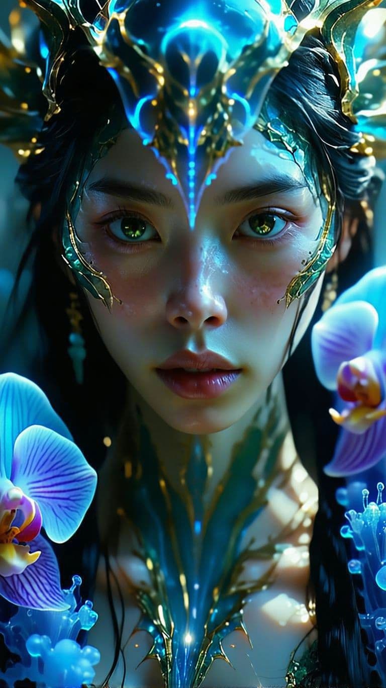 AI generated: Goddess close-up portrait ribcagel. jellyfish phoenix head, nautilus, orchid, skull, betta fish, bio...