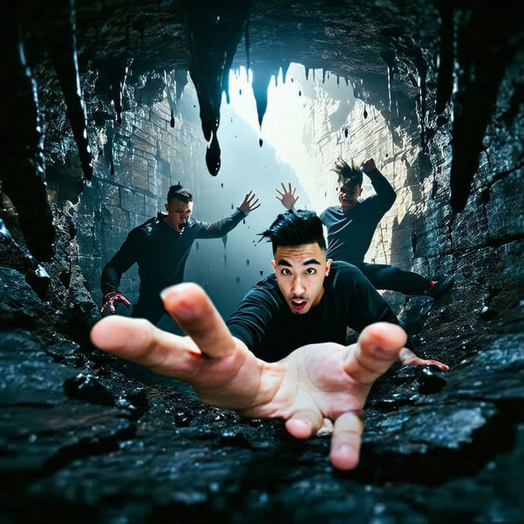 AI generated: ricegum trapped in a bottomless pit with ksi and mr beast