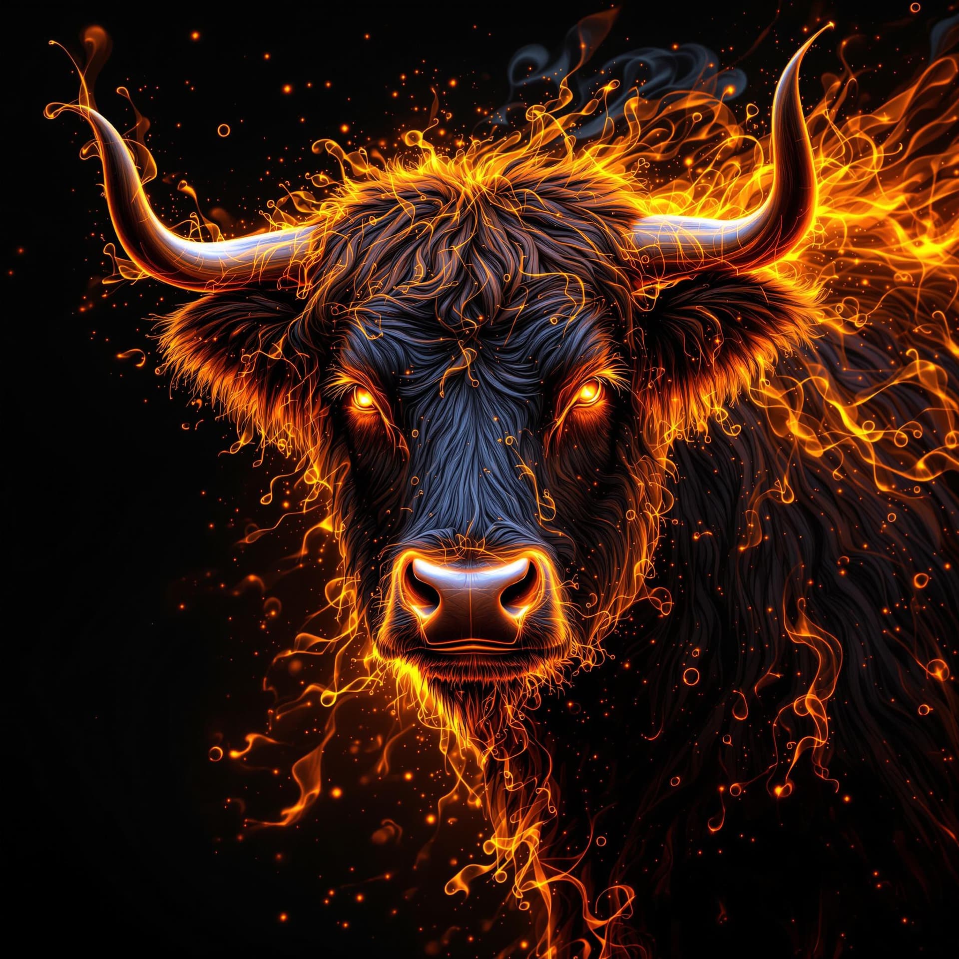 AI generated: A highly detailed artistic fibonacci render of a highland cow made of black and orange fire, ferrofl...