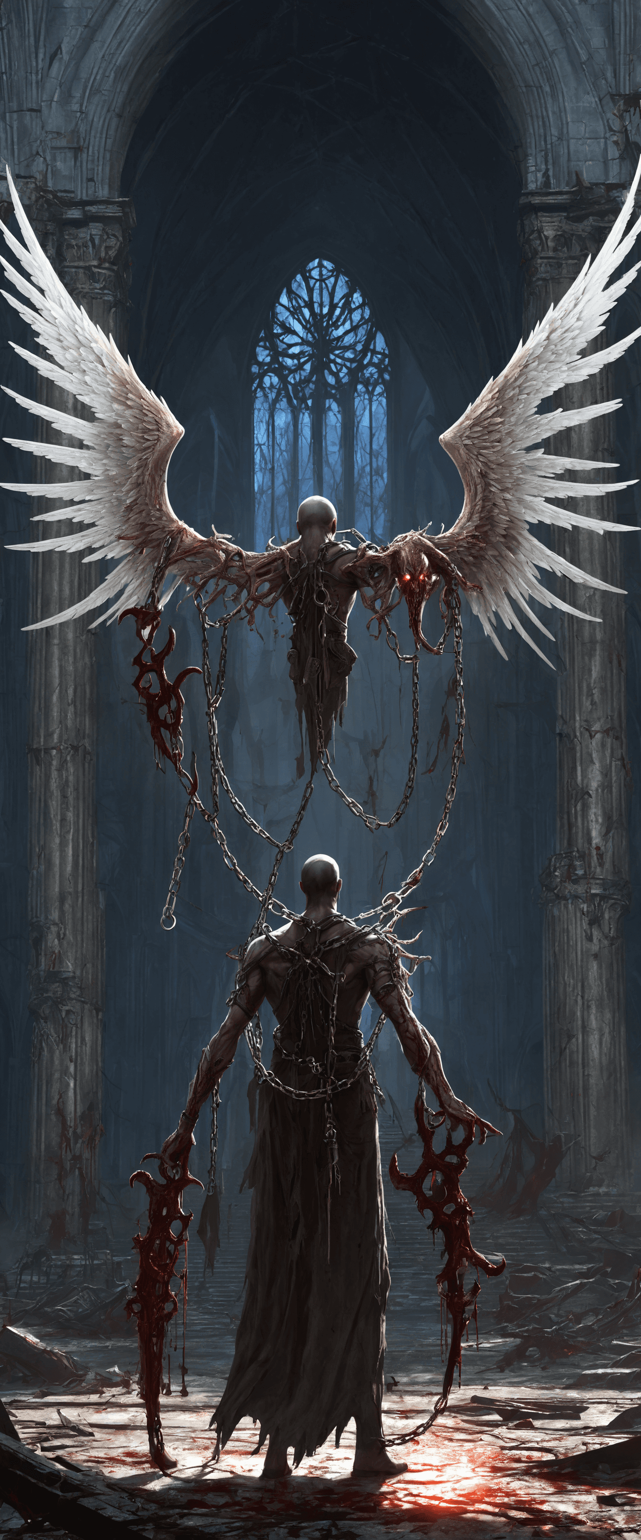 AI generated: Horror-themed video game concept art of an angel infected with an eldritch parasite. the angel is in...