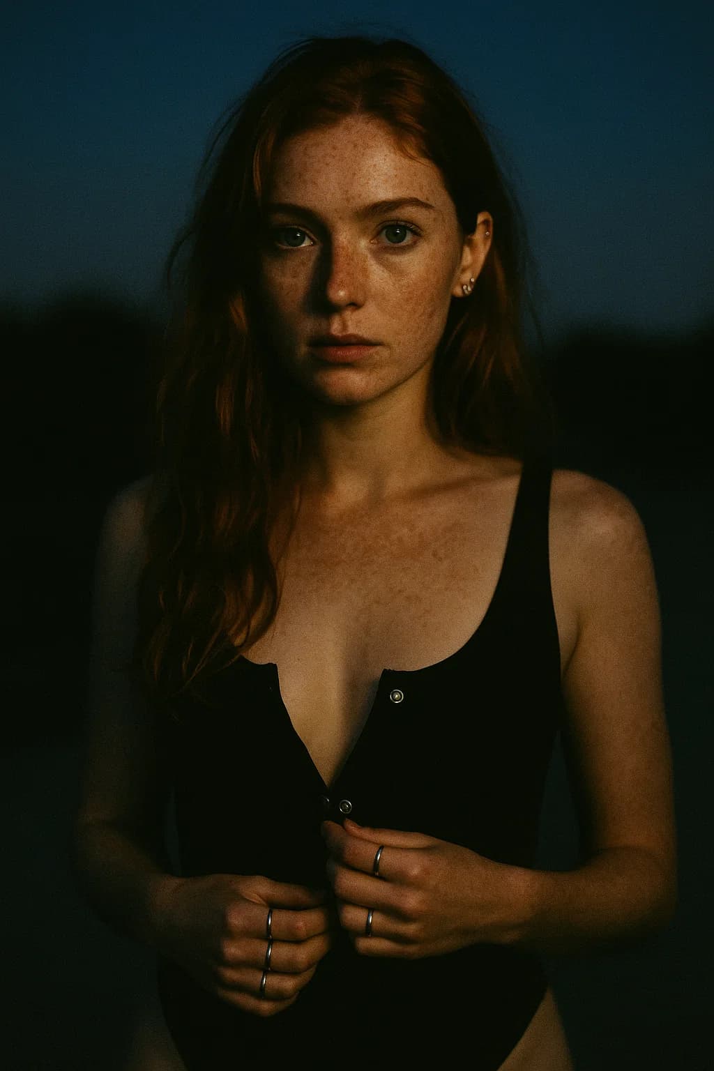 AI generated: Ultra-realistic twilight portrait of a red-haired woman with bright green eyes, freckles vivid under...