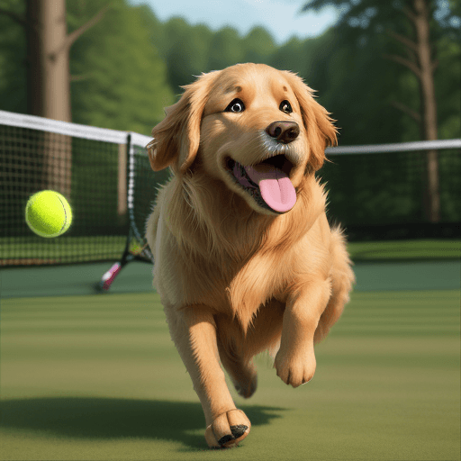 AI generated: Pixar cartoon style Golden retriever with tennis ball in mouth, surprised expression, high focus ima...