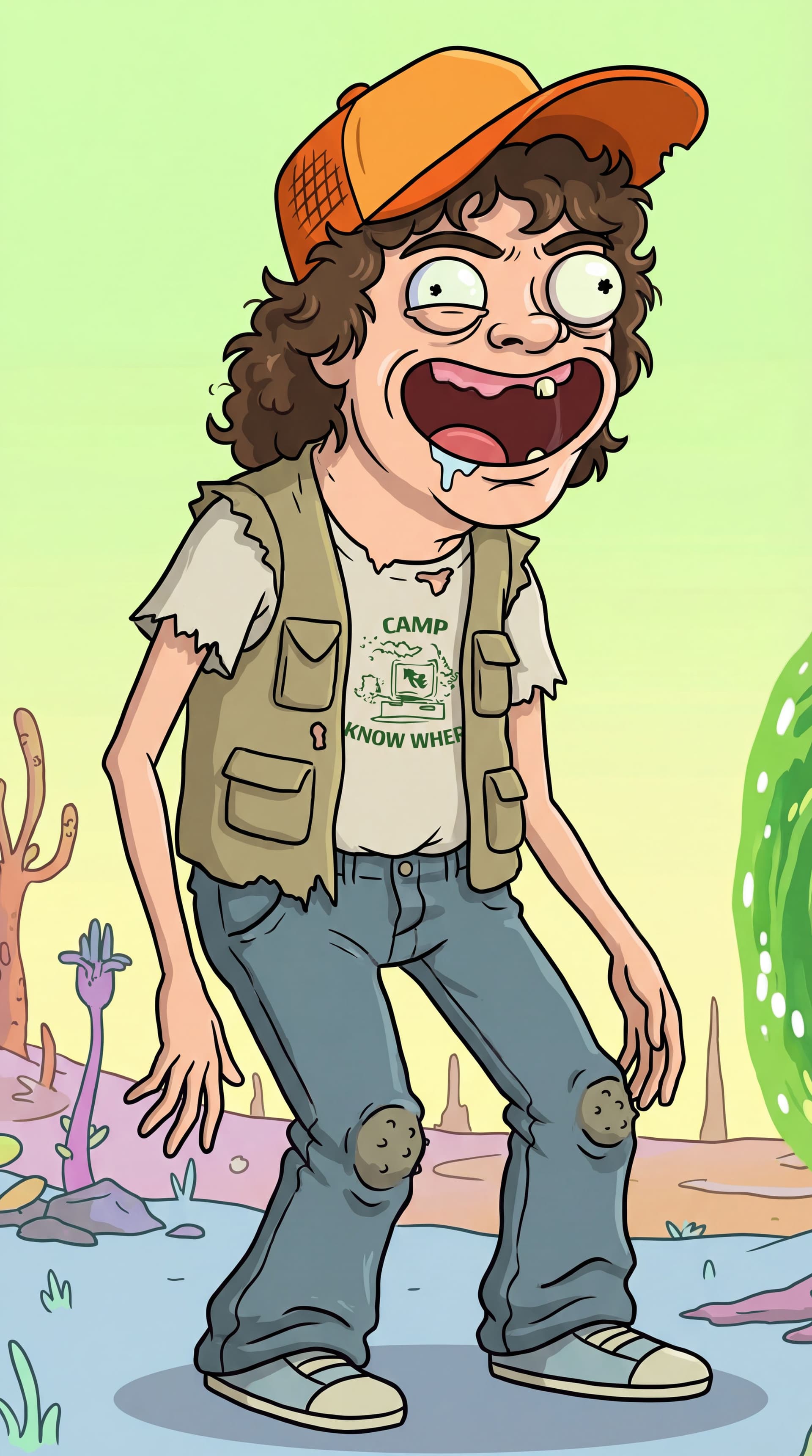 AI generated: Generate full-body cartoon characters from Stranger Things Dustin in  Rick and Morty animation style...
