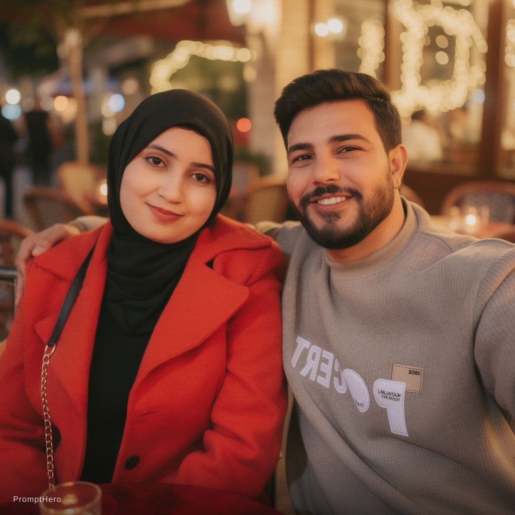 AI generated: إنشاء صورة تجمع هذان الشخصان في اجواء رومانسية تعكس الحب والسعادة في اجواء رائعة ومبهجة بشكل راقي وم...
