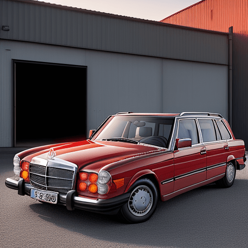 AI generated: Model of a Mercedes 300 of the year 1990 in ruby red, as a station wagon with aluminium rims and sli...