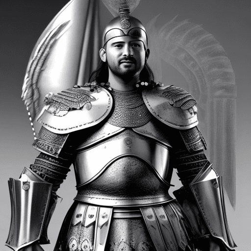 AI generated: A man wearing an armor similar to the Roman centurions, with two ram heads on the chest, a white tun...