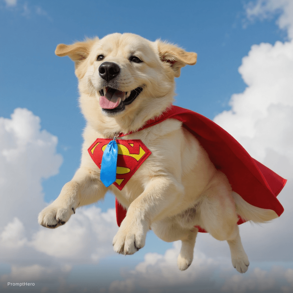 AI generated: white dog like the reference, flying happy like a superhero 
