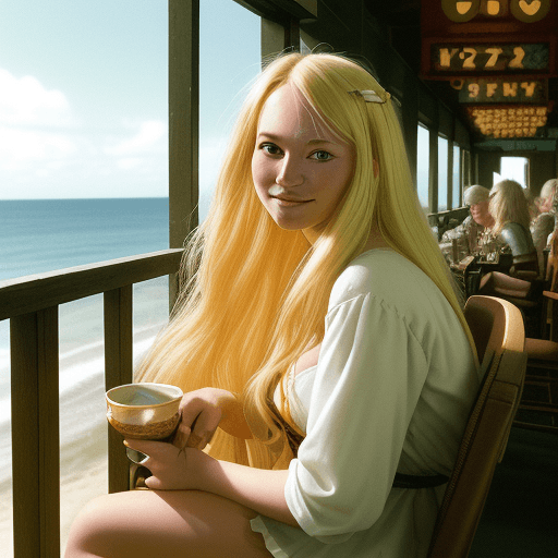 AI generated: a blonde woman with long hair leans on a chair, in the style of social media portraiture, earthcore,...