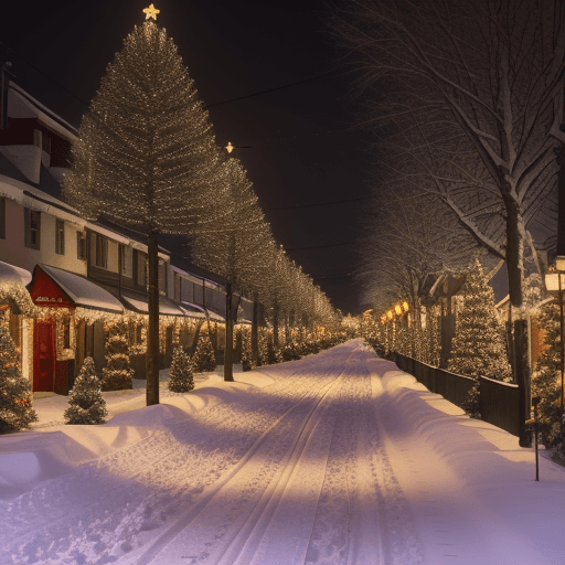 AI generated: a street lined with christmas trees along with snow, in the style of old-world charm, dreamy and rom...