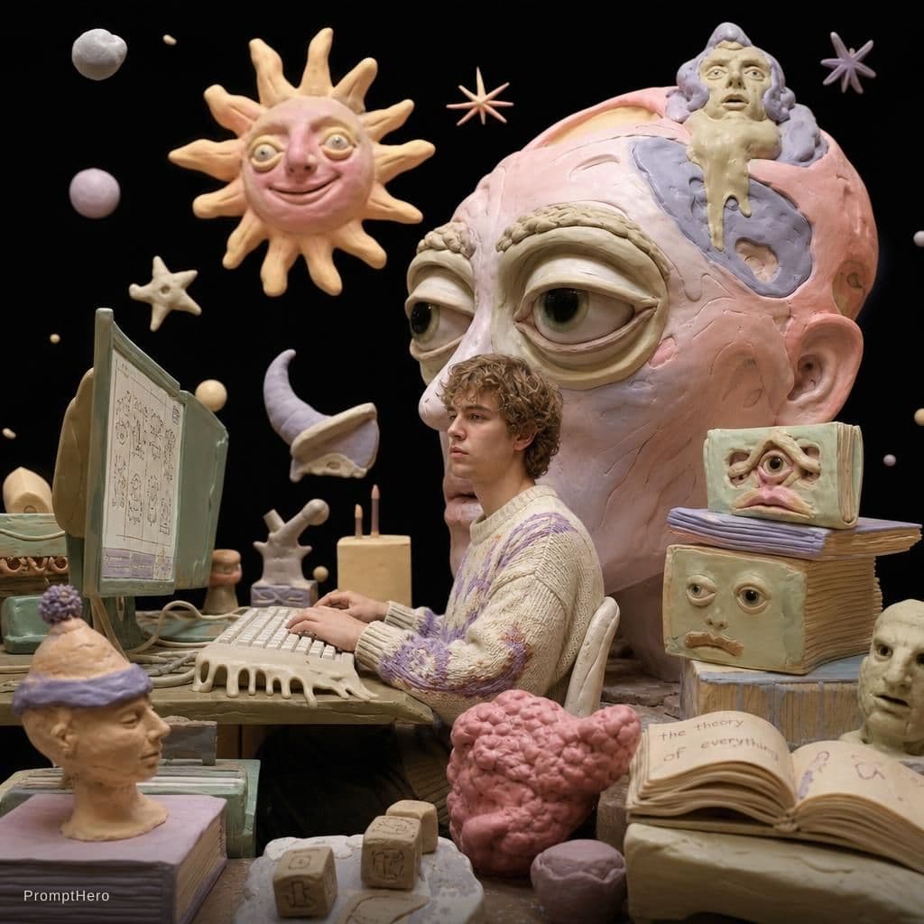 AI generated: surreal editorial composition, hyperrealistic human mixed with handmade plasticine sculptures, tacti...