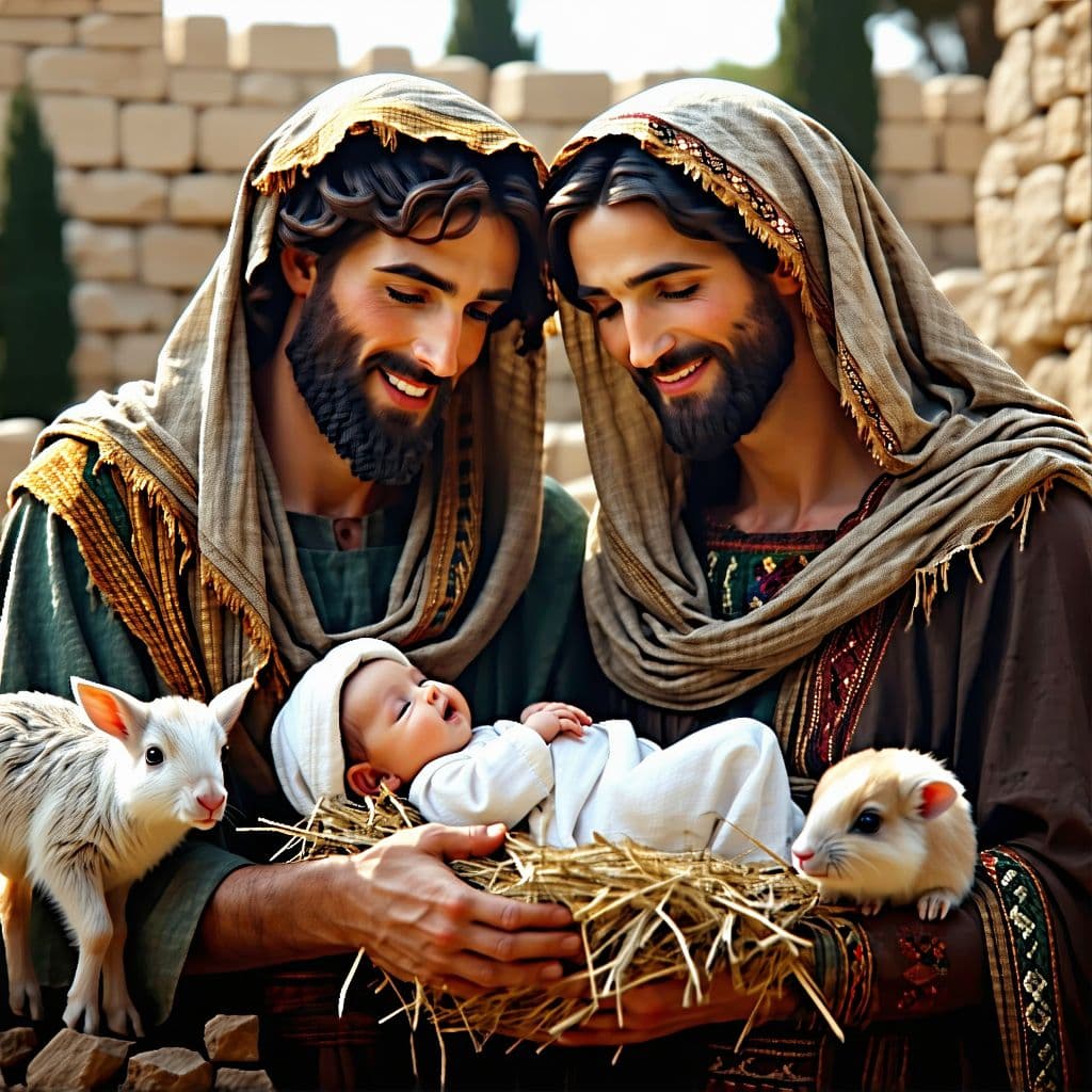 AI generated: Realistic picture of Joseph and Maria, in Jerusalen with the baby born, and little animals. Cinemati...