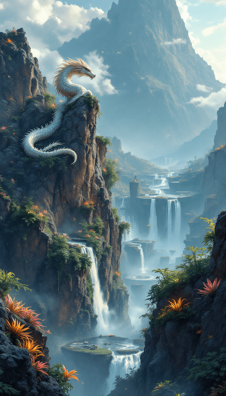 AI generated: A majestic Dragon perched on a craggy mountaintop, overlooking a mystical valley filled with floatin...