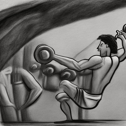 AI generated: create an 
cave painting like cartoonish charcoal image of a lutherian preast lifting weights