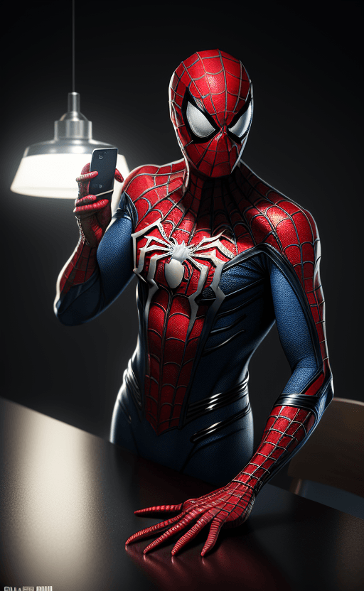 AI generated: handphone on the table with the design and character of spiderman The handphone is gold and red dark...
