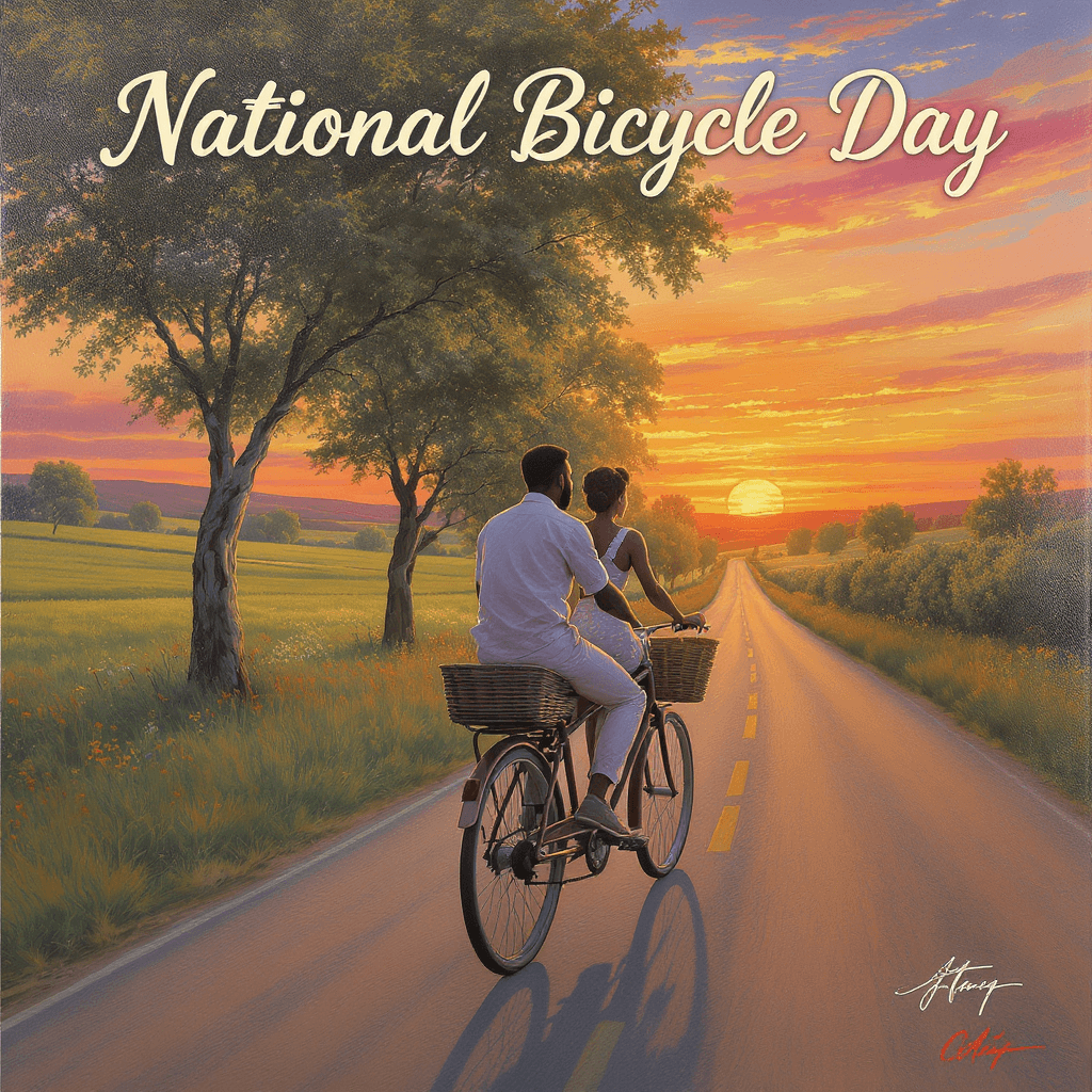 AI generated: Acrylic highly detailed image of an African American couple riding a vintage 2 seater bicycle down a...