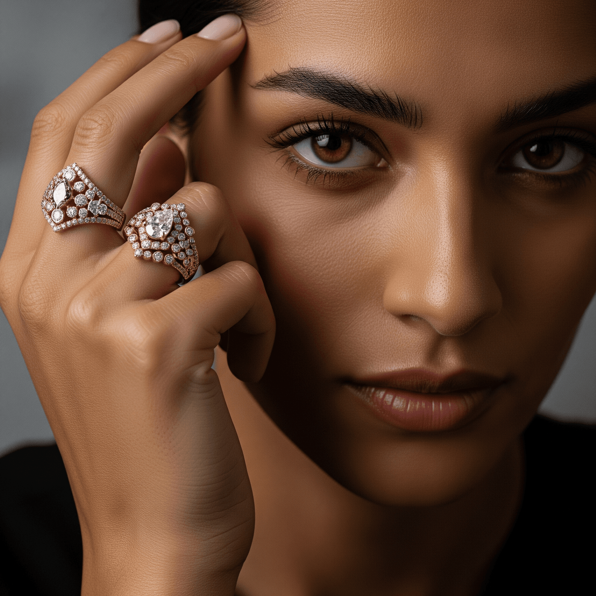 AI generated: Close-up portrait of a woman with warm skin, wearing two ornate rose gold and diamond studded rings ...