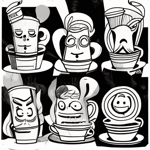 AI generated: cartoon design for a coffee shop, characters shaped like coffee cups, comic art, simple lines, group...