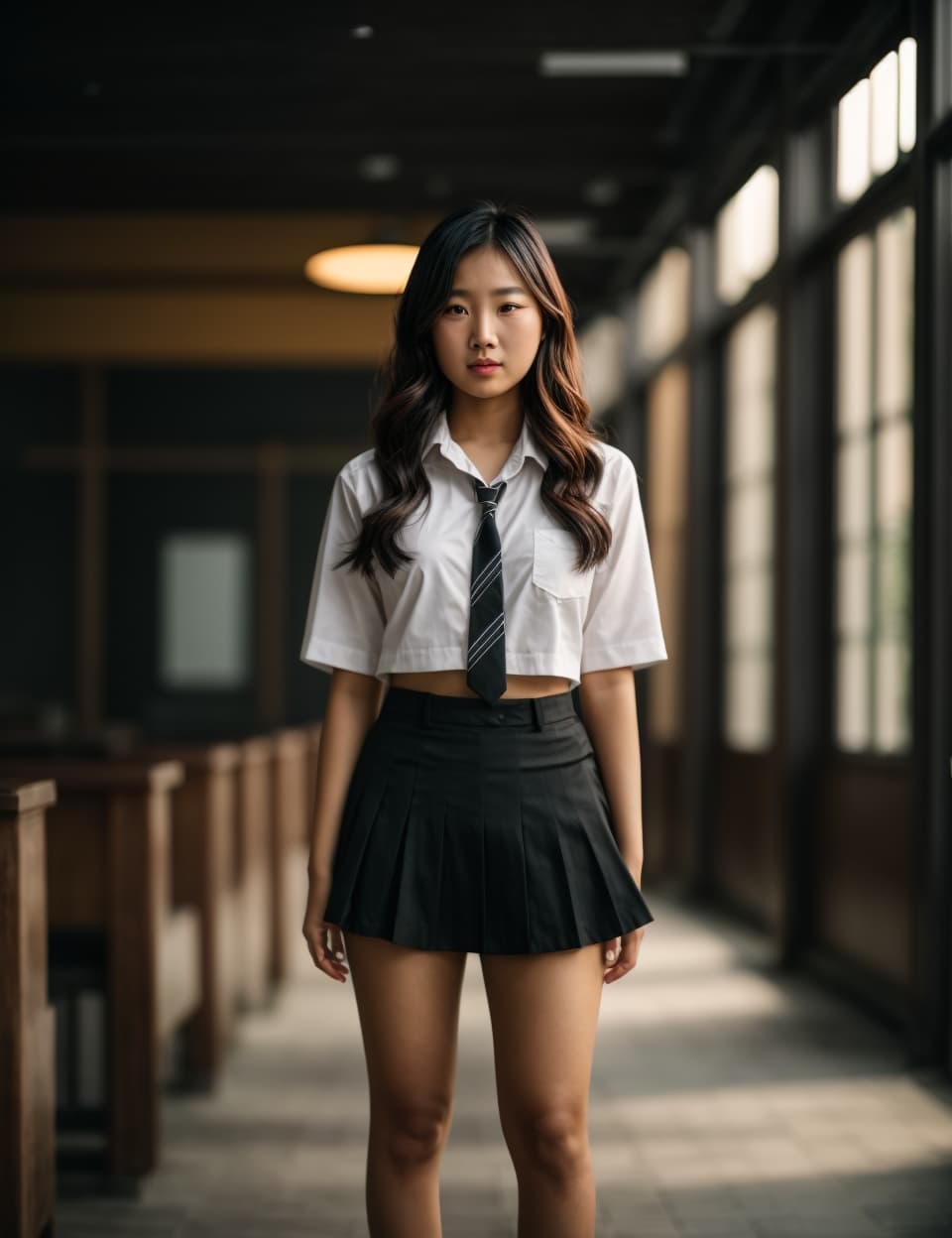 AI generated: A young Asian woman stands confidently in her black school uniform, her short skirt and small shirt ...