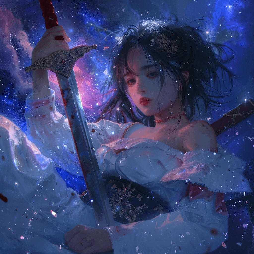 AI generated: a girl in space, sword in hand, after many battles, eyes tired, looking somewhere, surrealistic, coz...
