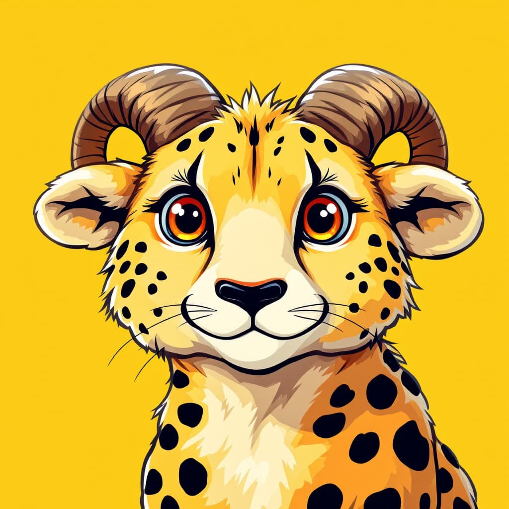 AI generated: illustration, vector cartoon-style, cute big horn sheep face, zoom in, expressive eyes and a playful...