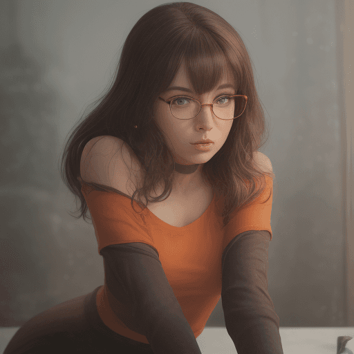 AI generated: 
professional portrait, goth girl, velma from scooby-doo, a girl wearing eye glasses and an orange t...